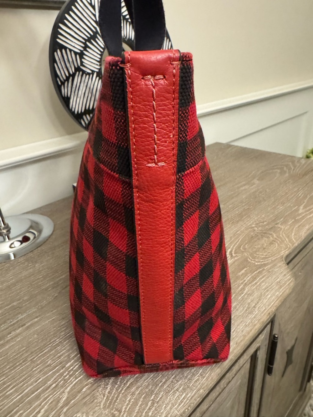 Coach Red and Black Buffalo Plaid Canvas Tote - Picture 8 of 14